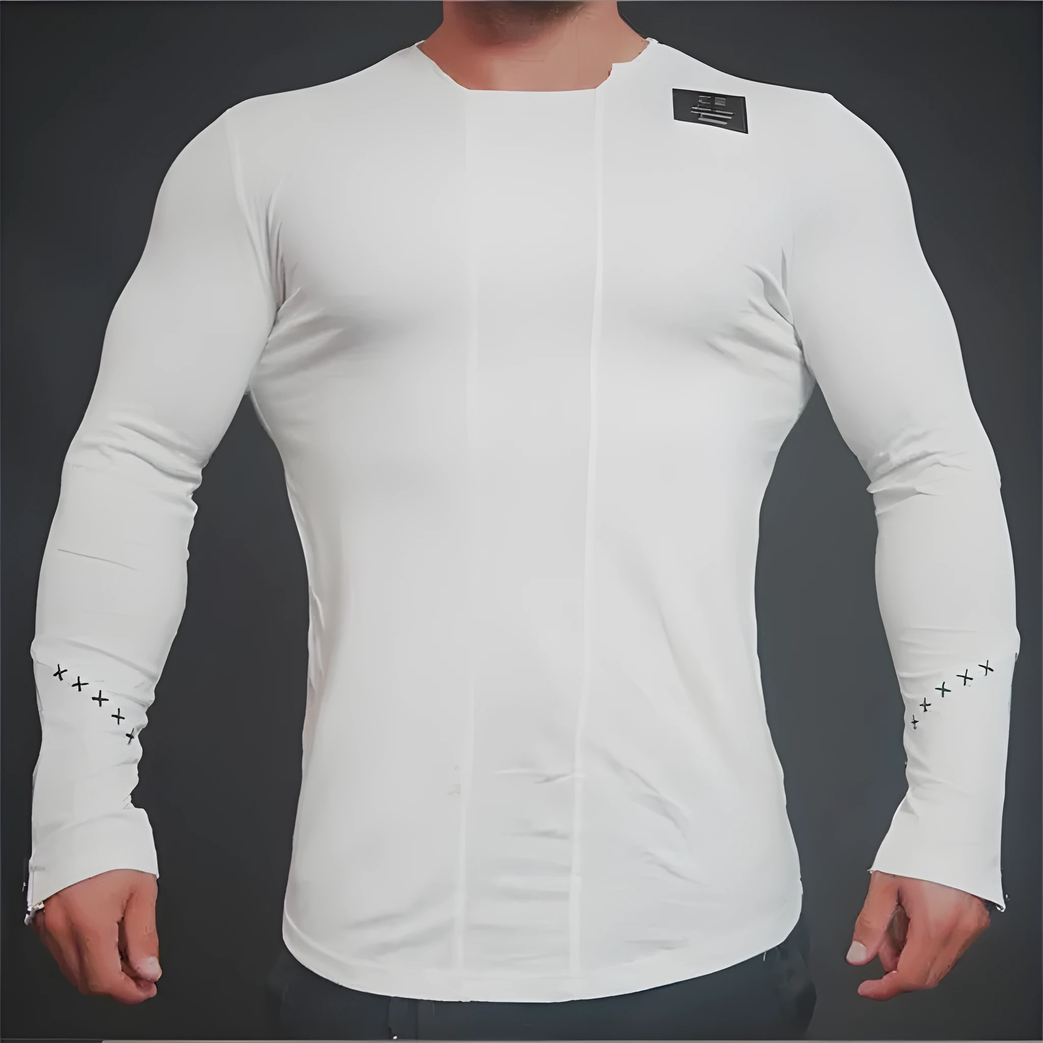 Men bodybuilding long sleeve compression t-shirt in black, front view, for gym training