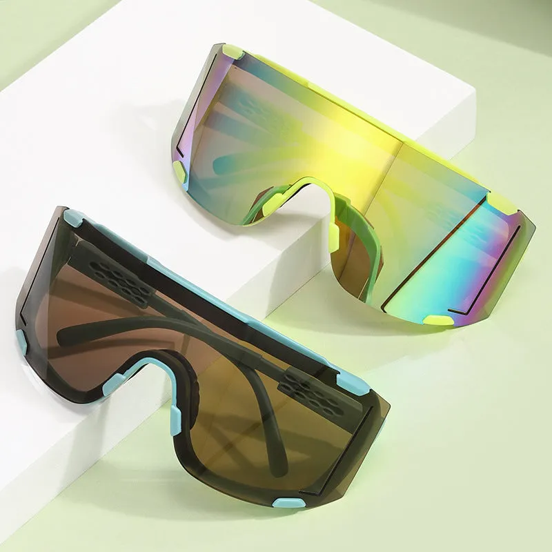 Unisex cycling glasses with HD PC lenses in a colourful frame, suitable for outdoor sports.