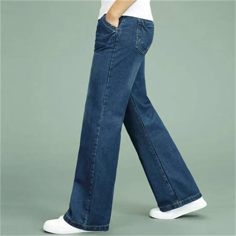 Men's loose straight-leg wide-leg flared jeans in polyester fabric solid colour blue