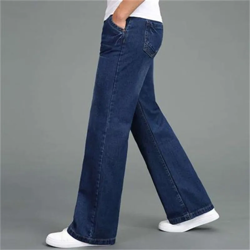Men's loose straight-leg wide-leg flared jeans in polyester fabric solid colour blue