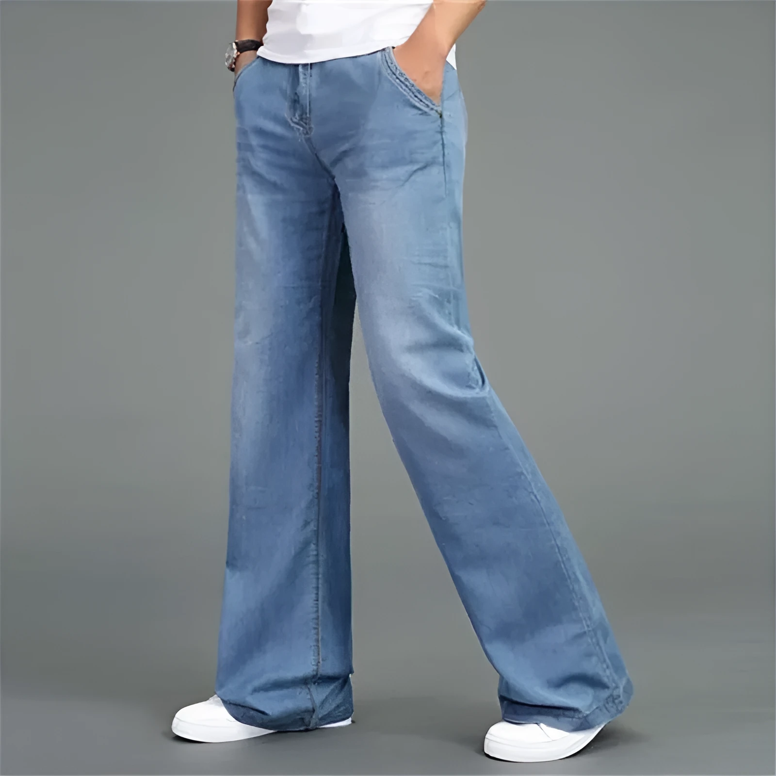 Men's loose straight-leg wide-leg flared jeans in polyester fabric solid colour blue