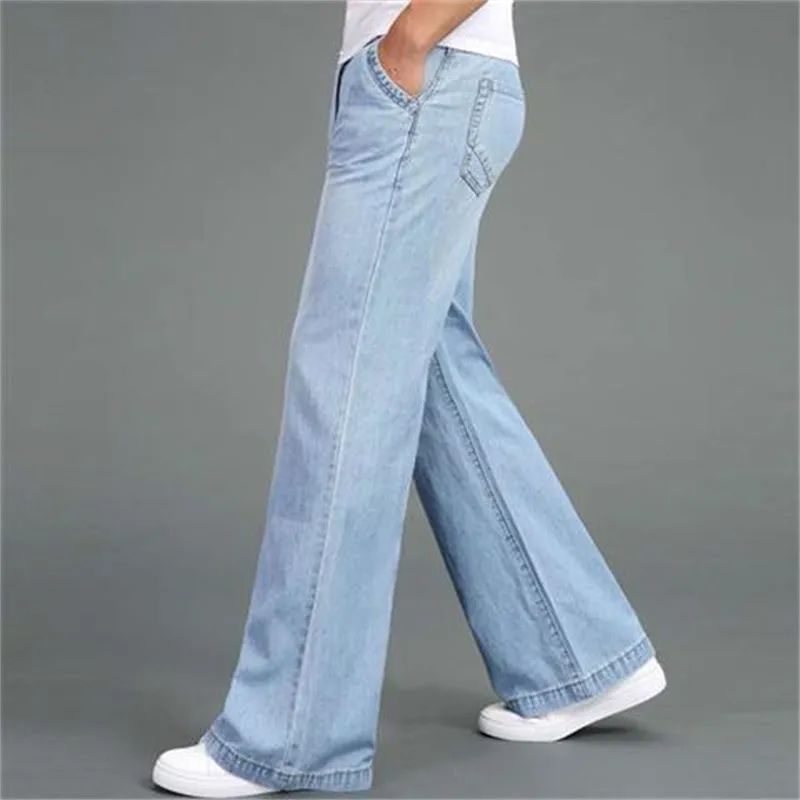 Men's loose straight-leg wide-leg flared jeans in polyester fabric solid colour blue