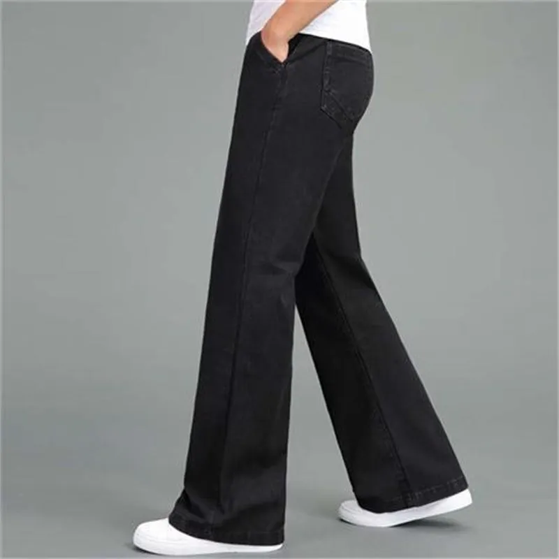 Men's loose straight-leg wide-leg flared jeans in polyester fabric solid colour blue