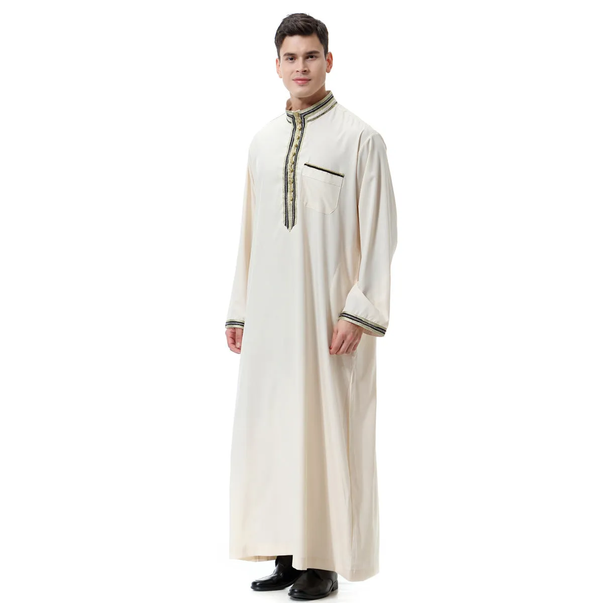 Men's Muslim Arab robe TH810 with stand collar and applique detailing in hemp blended fabric, beige colour