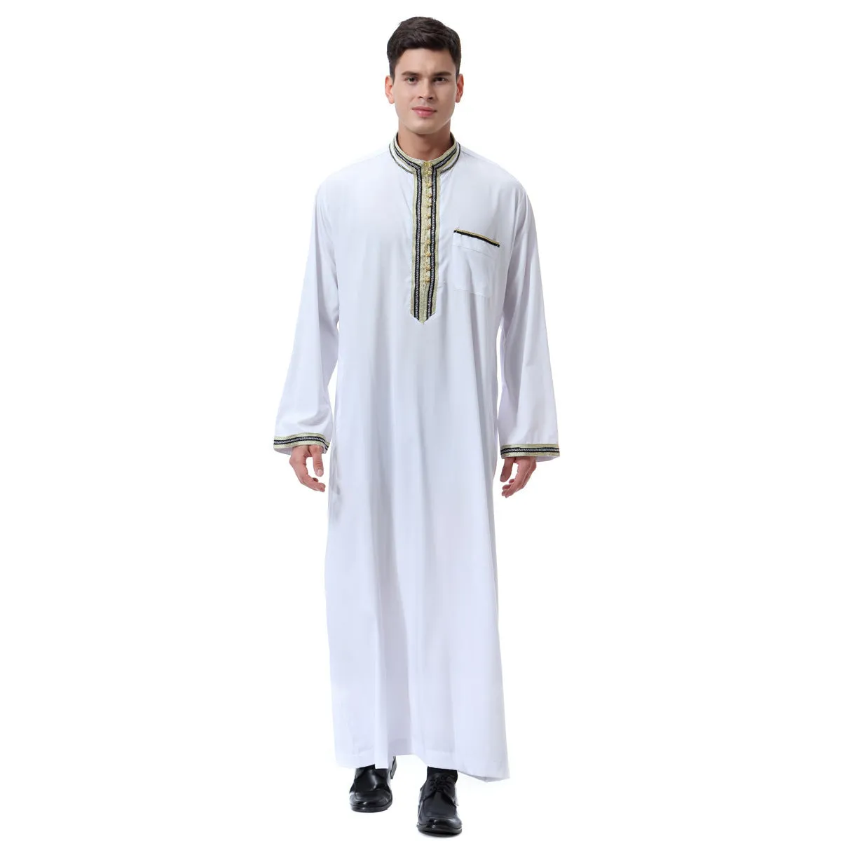 Men's Muslim Arab robe TH810 with stand collar and applique detailing in hemp blended fabric, beige colour