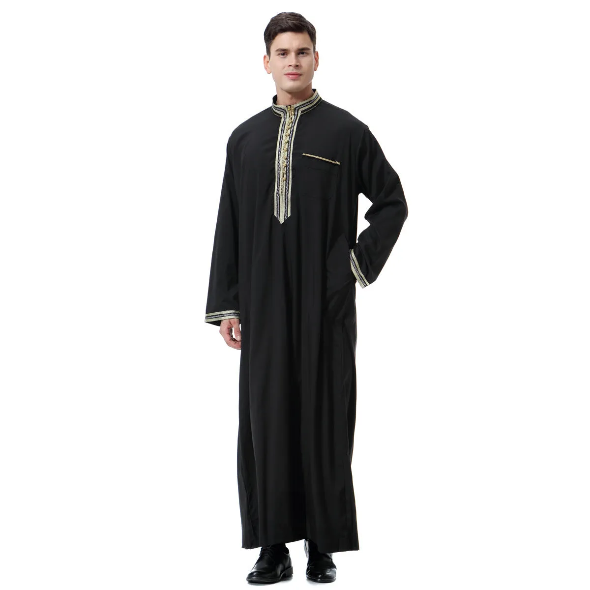 Men's Muslim Arab robe TH810 with stand collar and applique detailing in hemp blended fabric, beige colour