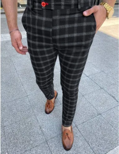 Men's business checked casual trousers in grey, tight fit, zipper placket, polyester fibre, mid-rise waist