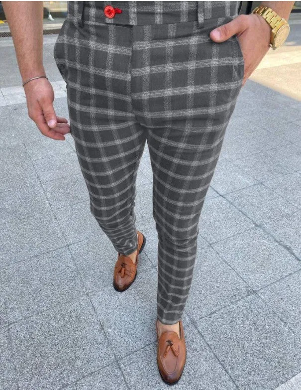 Men's business checked casual trousers in grey, tight fit, zipper placket, polyester fibre, mid-rise waist