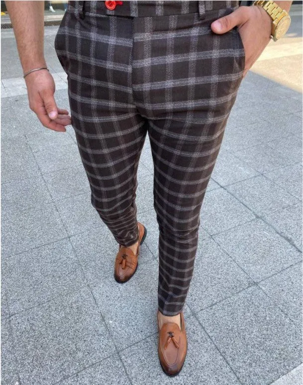 Men's business checked casual trousers in grey, tight fit, zipper placket, polyester fibre, mid-rise waist