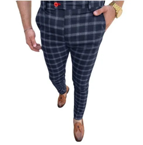 Men's business checked casual trousers in grey, tight fit, zipper placket, polyester fibre, mid-rise waist