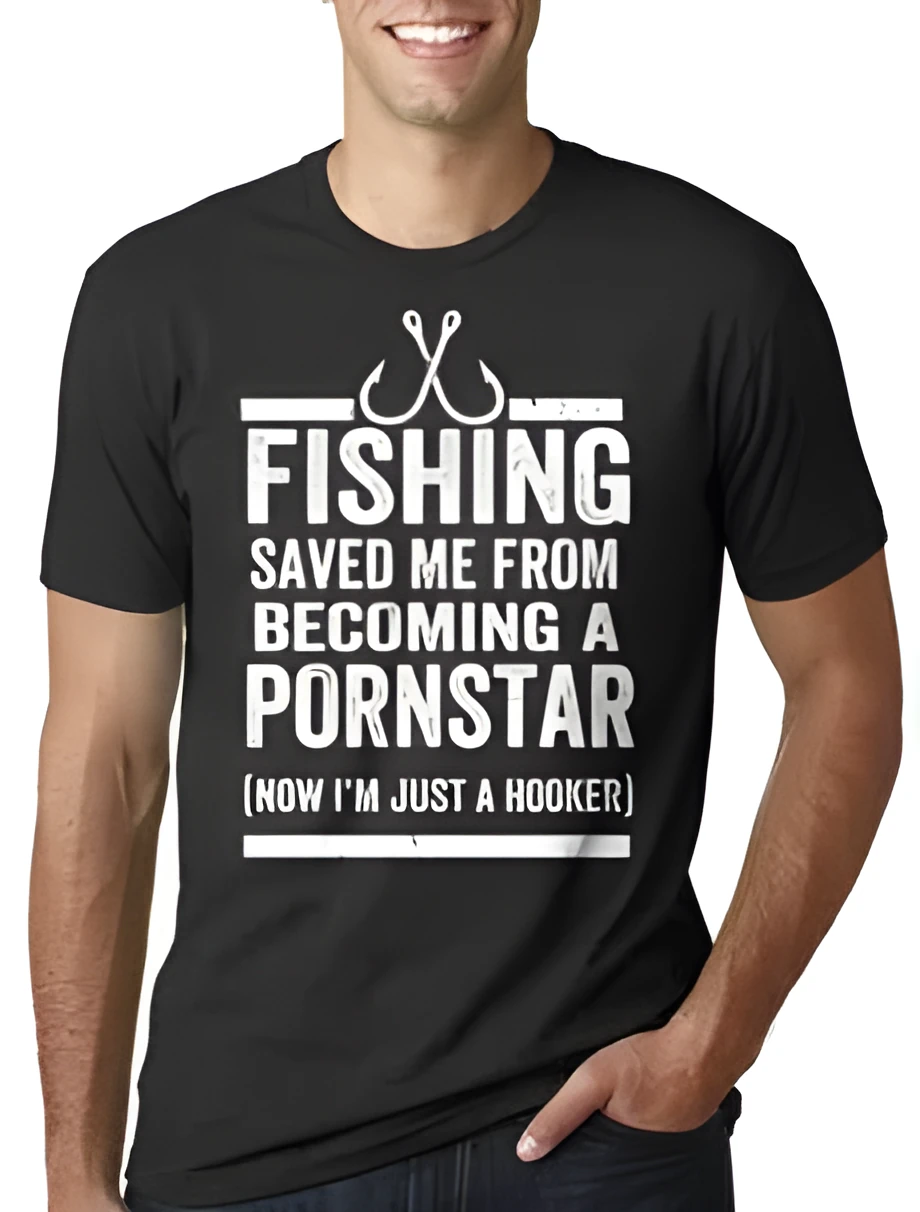 Fishing Saved Me printed t-shirt in black modal fabric short sleeve round neck