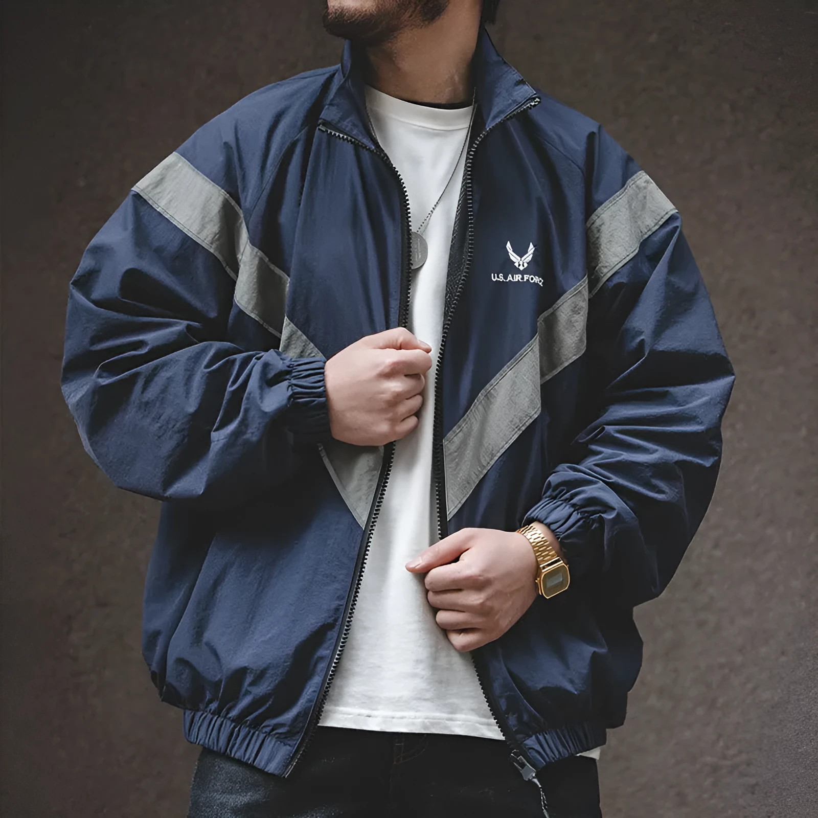 Men's hooded pilot jacket in Air Force Blue with colour-block design and side seam pockets
