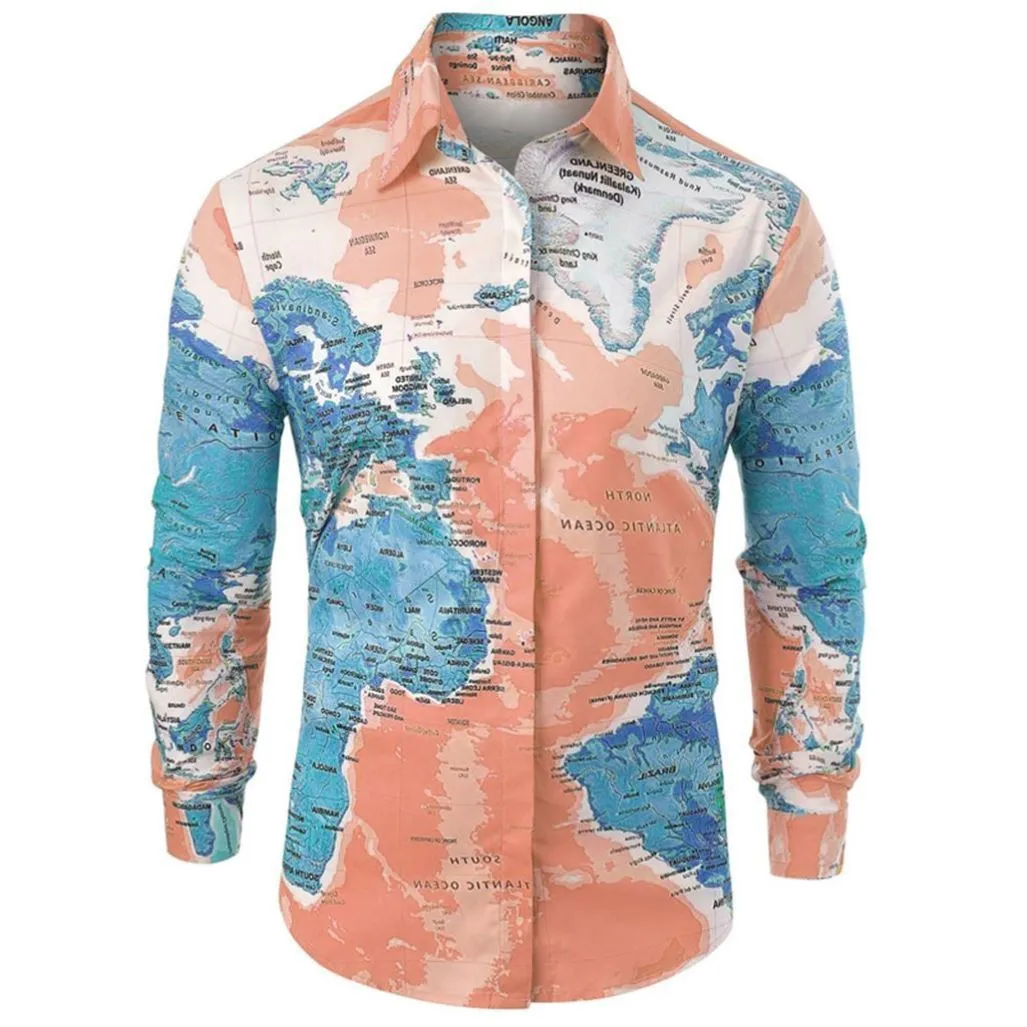 Men's slim fit shirt with world map print, hidden button front, and long sleeves in green colour