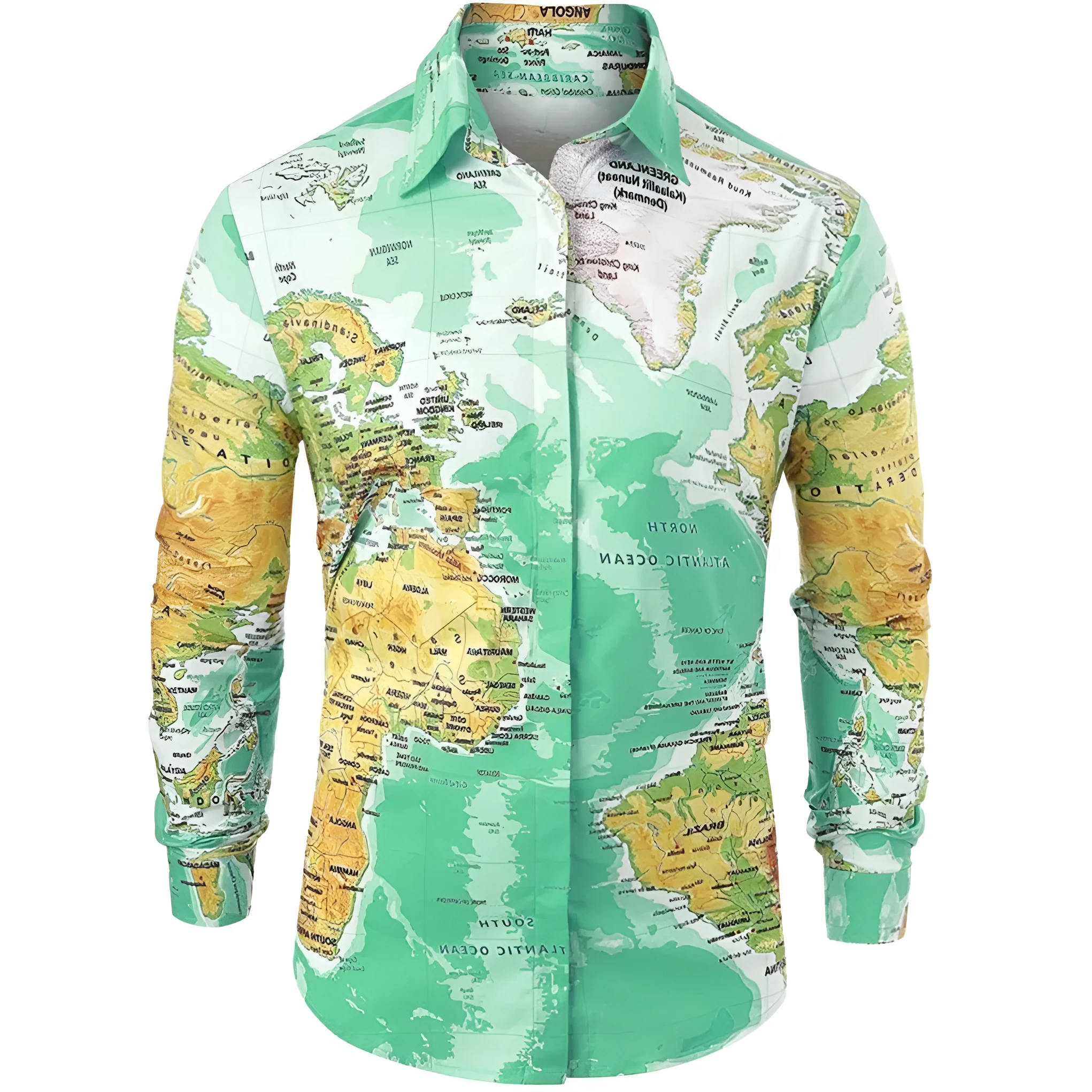Men's slim fit shirt with world map print, hidden button front, and long sleeves in green colour
