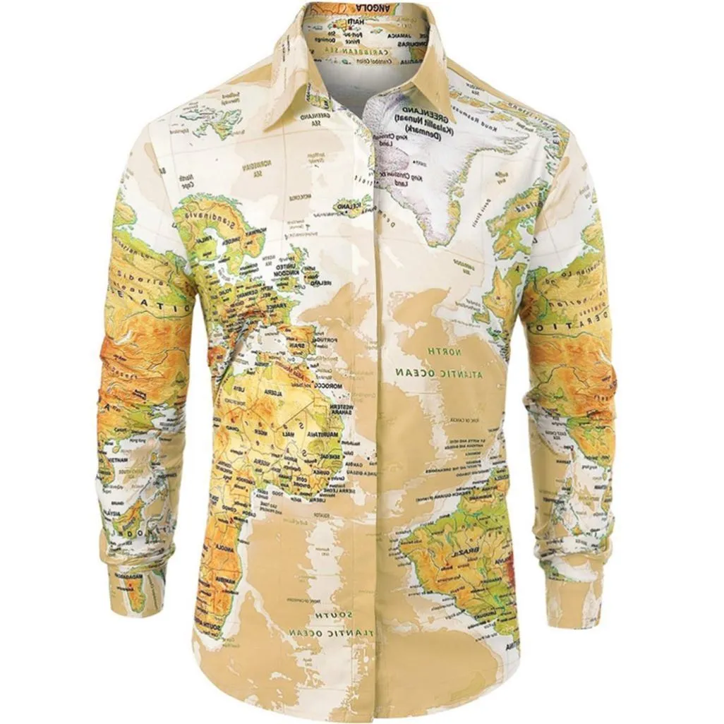 Men's slim fit shirt with world map print, hidden button front, and long sleeves in green colour