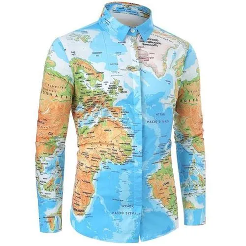 Men's slim fit shirt with world map print, hidden button front, and long sleeves in green colour
