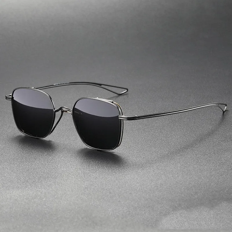Polarized sunglasses with pure titanium frame in box style, gun mount colour with black and gray lenses