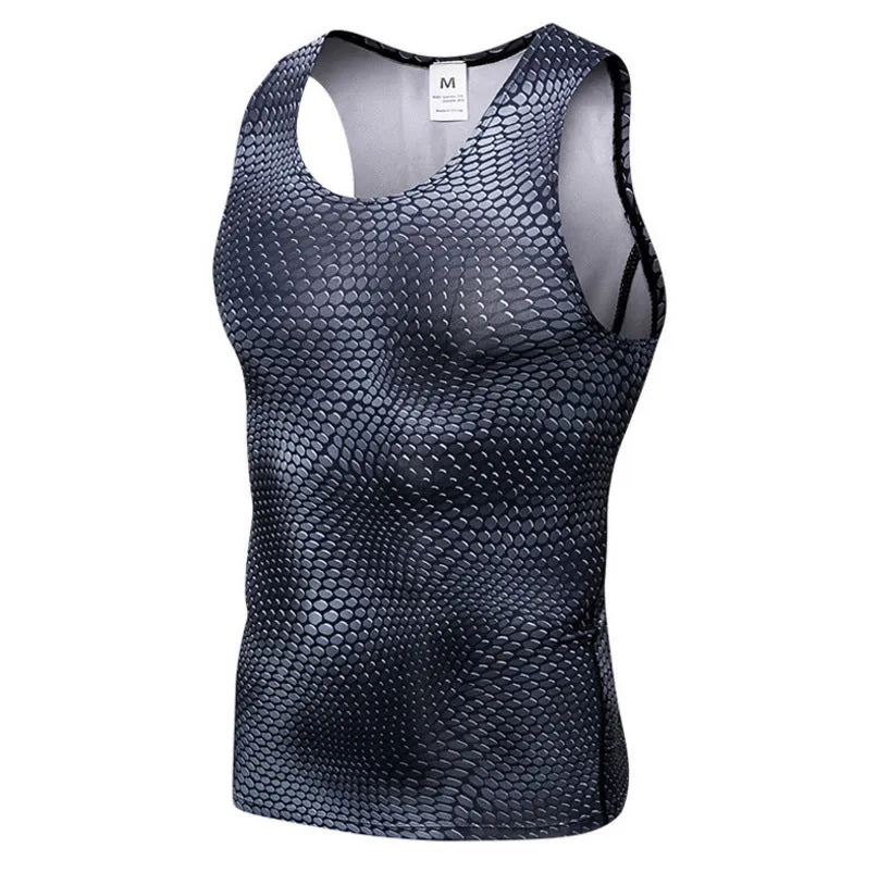 Men's polyester sports vest in black, front view, showing sleeveless design and athletic fit