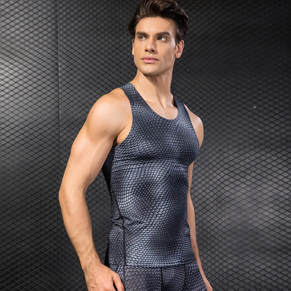 Men's polyester sports vest in black, front view, showing sleeveless design and athletic fit