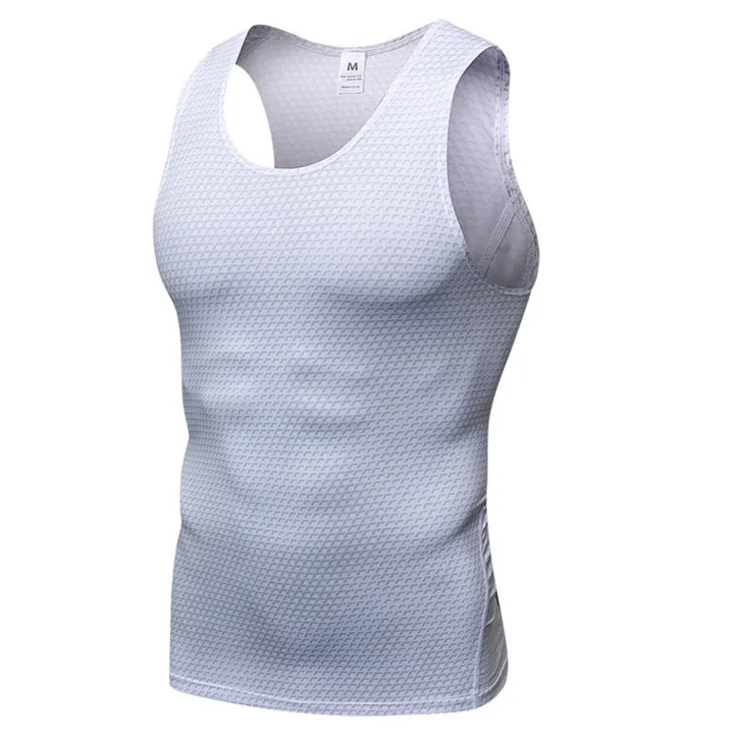Men's polyester sports vest in black, front view, showing sleeveless design and athletic fit
