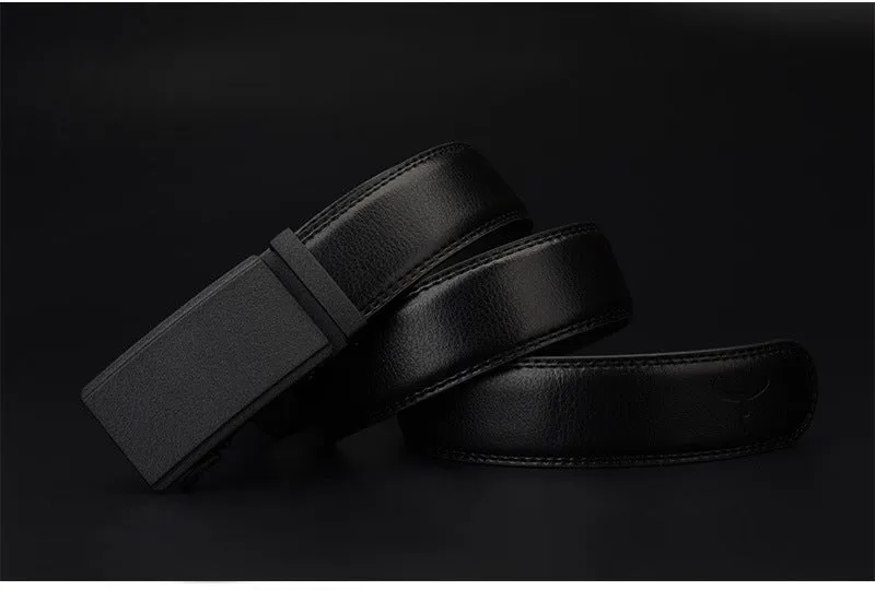 Automatic buckle two-layer cowhide belt for men, rectangular alloy buckle, black colour, standard width