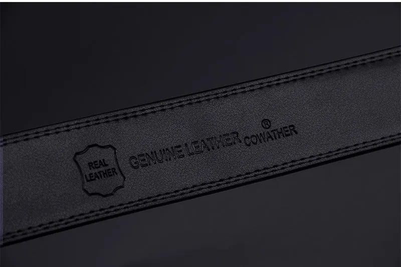 Automatic buckle two-layer cowhide belt for men, rectangular alloy buckle, black colour, standard width