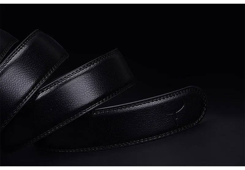 Automatic buckle two-layer cowhide belt for men, rectangular alloy buckle, black colour, standard width