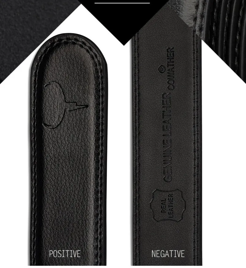 Automatic buckle two-layer cowhide belt for men, rectangular alloy buckle, black colour, standard width