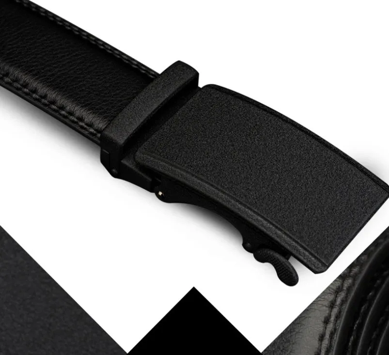 Automatic buckle two-layer cowhide belt for men, rectangular alloy buckle, black colour, standard width