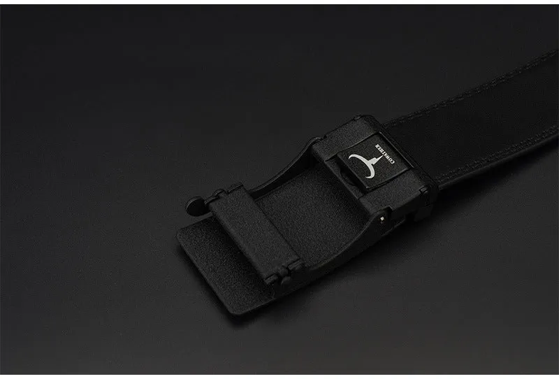 Automatic buckle two-layer cowhide belt for men, rectangular alloy buckle, black colour, standard width