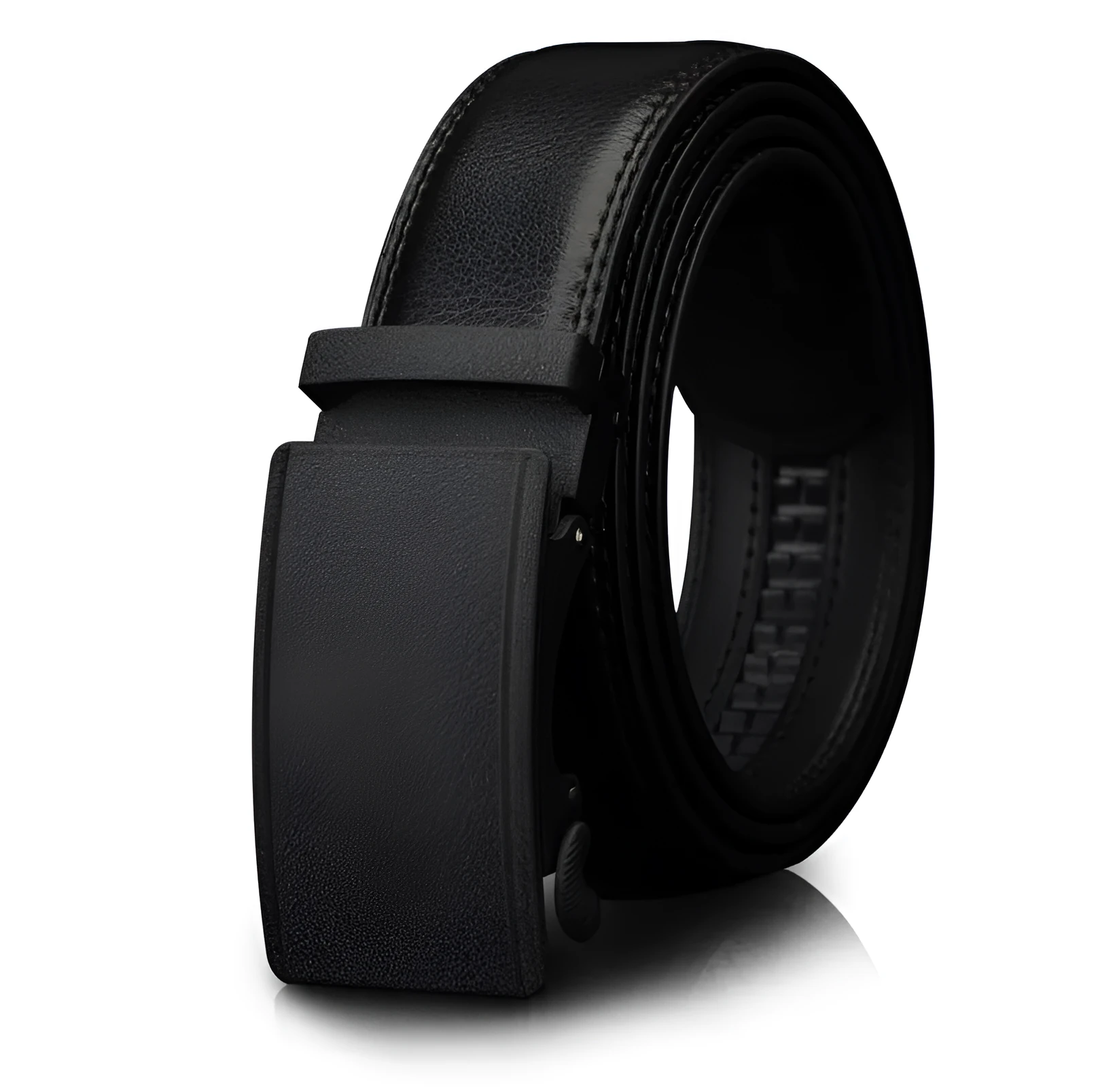 Automatic buckle two-layer cowhide belt for men, rectangular alloy buckle, black colour, standard width