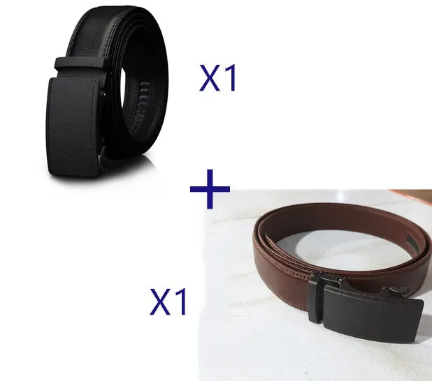 Automatic buckle two-layer cowhide belt for men, rectangular alloy buckle, black colour, standard width