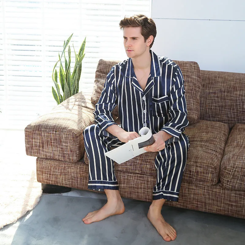 Men's blue stripe simulated silk pyjama suit with polyester fabric, two-piece set on hanger