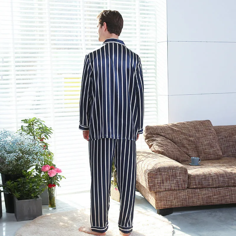 Men's blue stripe simulated silk pyjama suit with polyester fabric, two-piece set on hanger