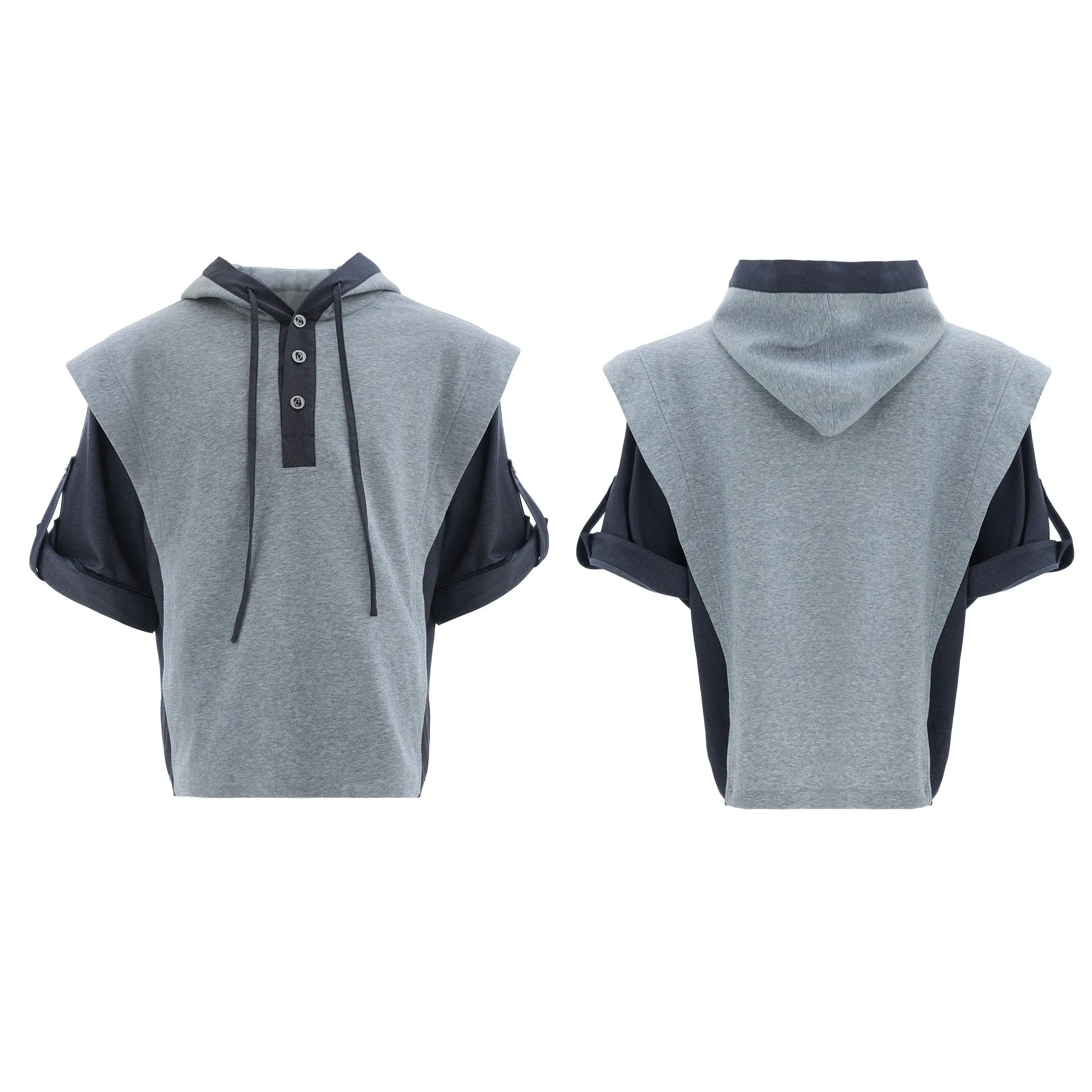 Men's heavy industry sports leisure suit with hooded short sleeve sweater and trousers in polyester fabric