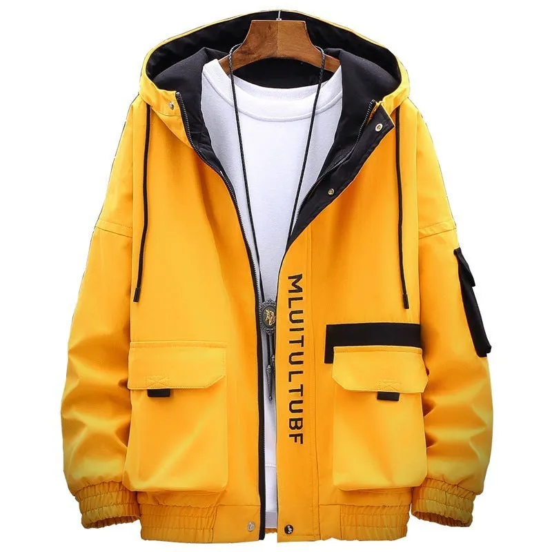 Men's thickened casual hooded jacket in Korean style, polyester fabric, available in yellow, grey, and black, sizes M to 4XL