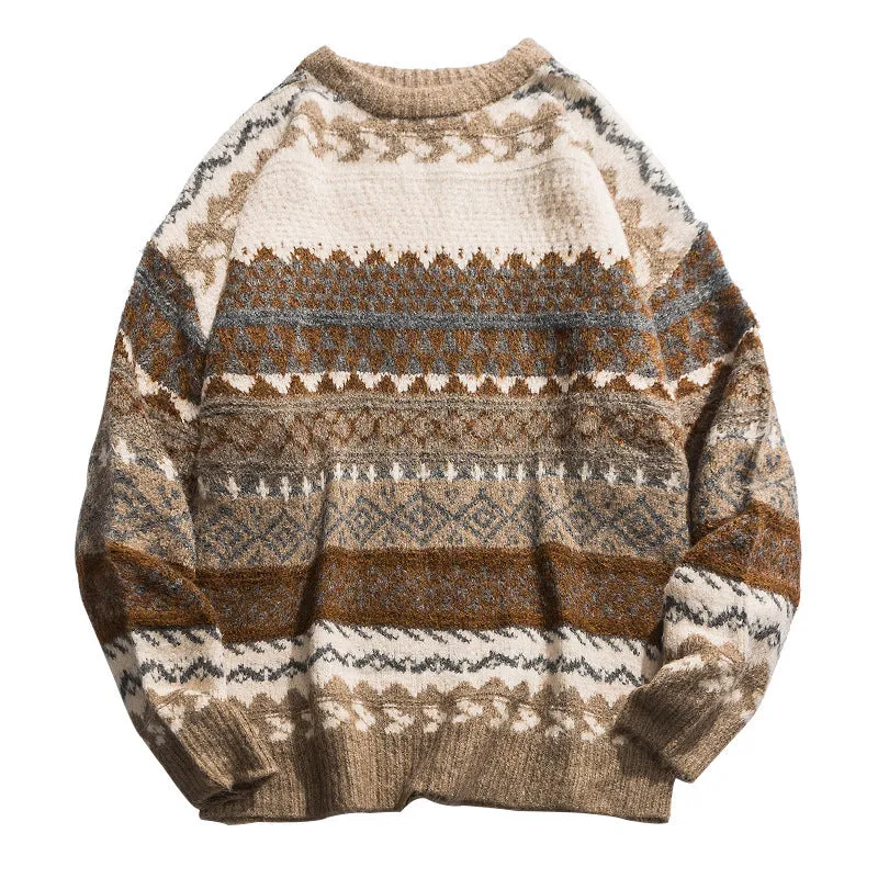 Brown polyester fibre mens pullover sweater with printed design and round neck on model