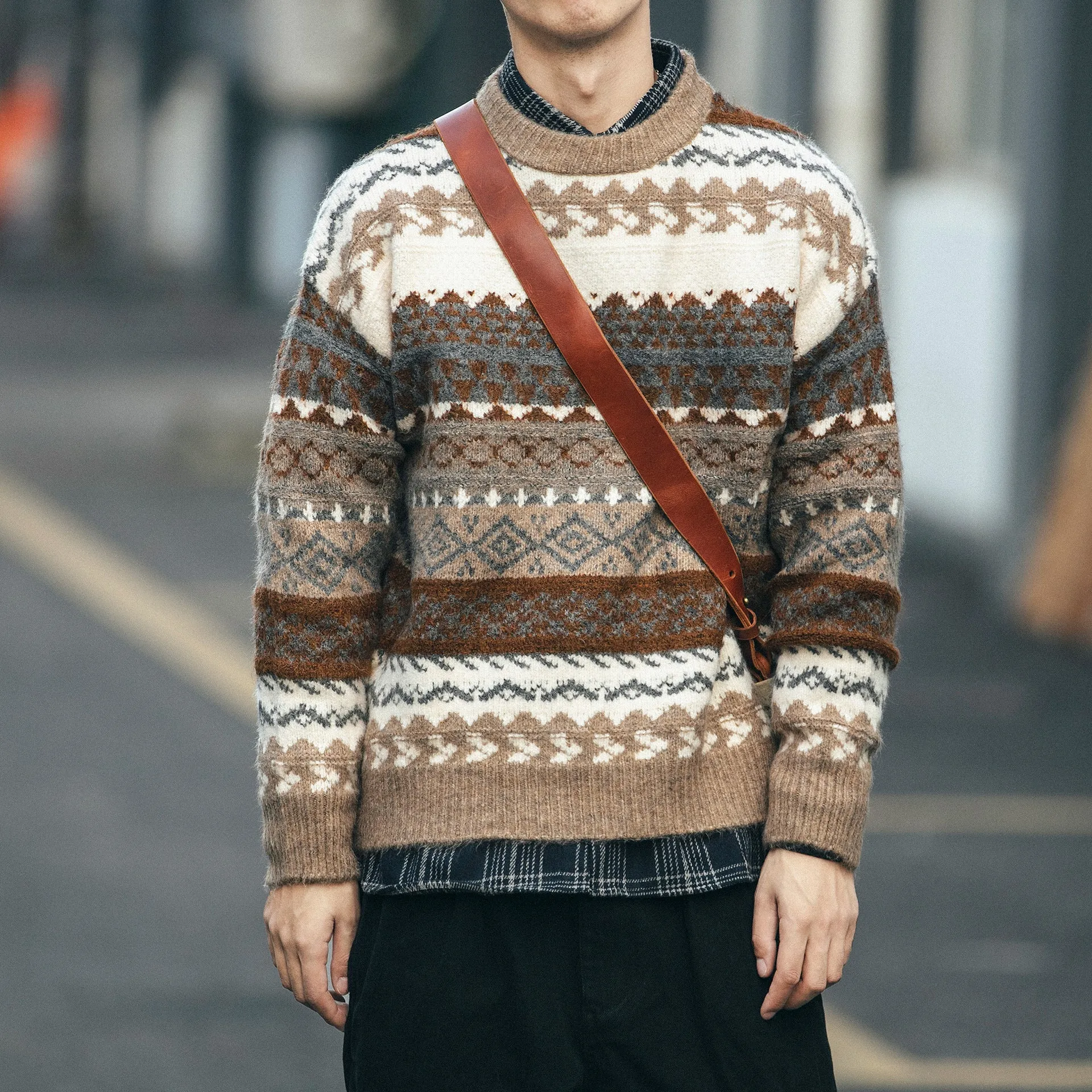Brown polyester fibre mens pullover sweater with printed design and round neck on model
