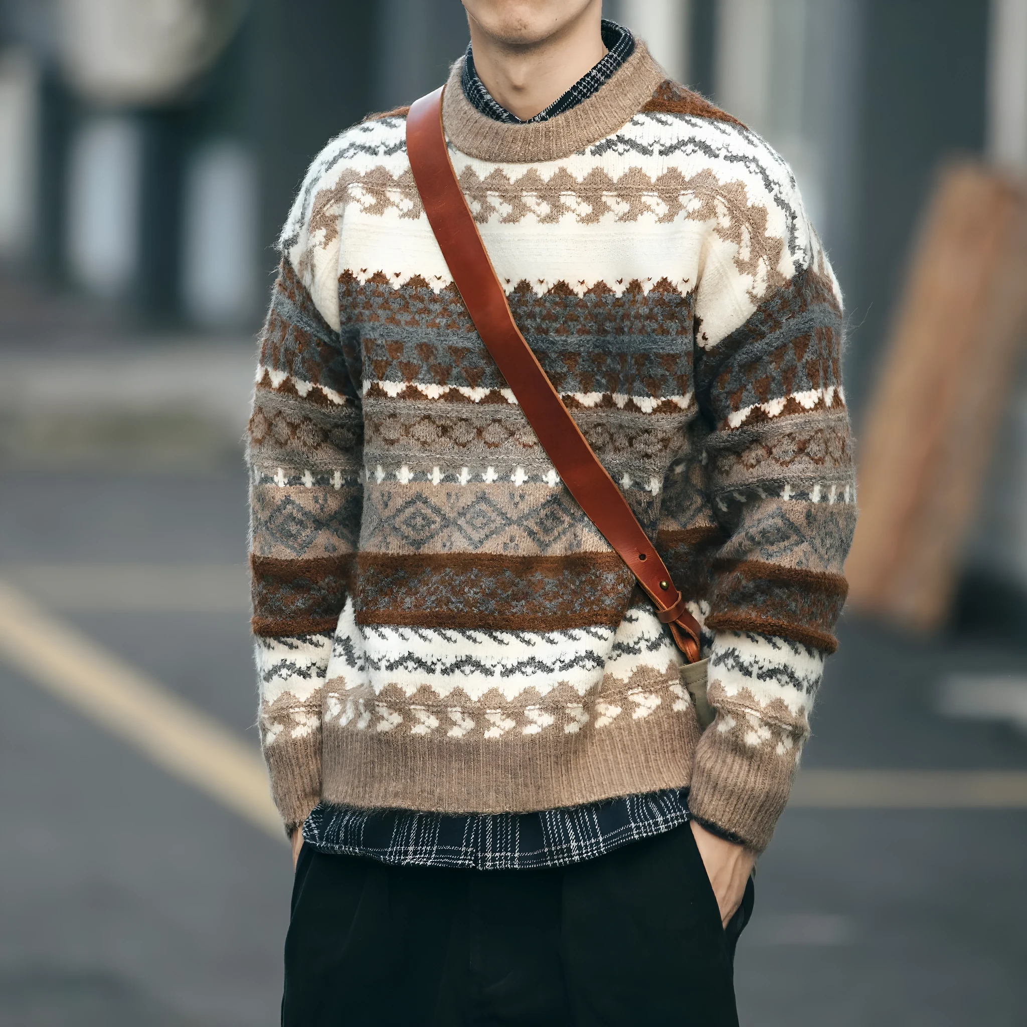 Brown polyester fibre mens pullover sweater with printed design and round neck on model
