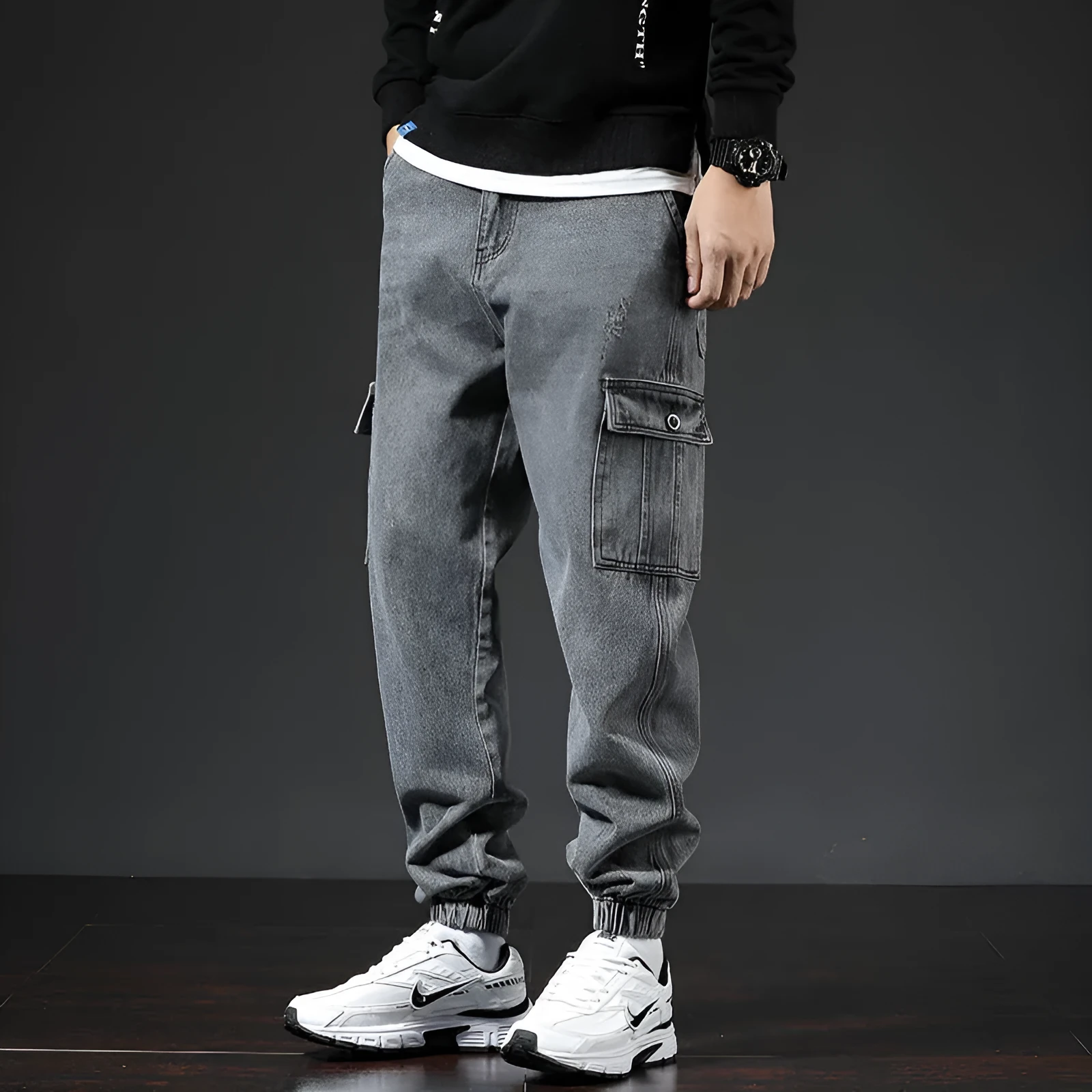 Japanese style workwear multi-pocket jeans in blue for men, mid-waist cotton trousers