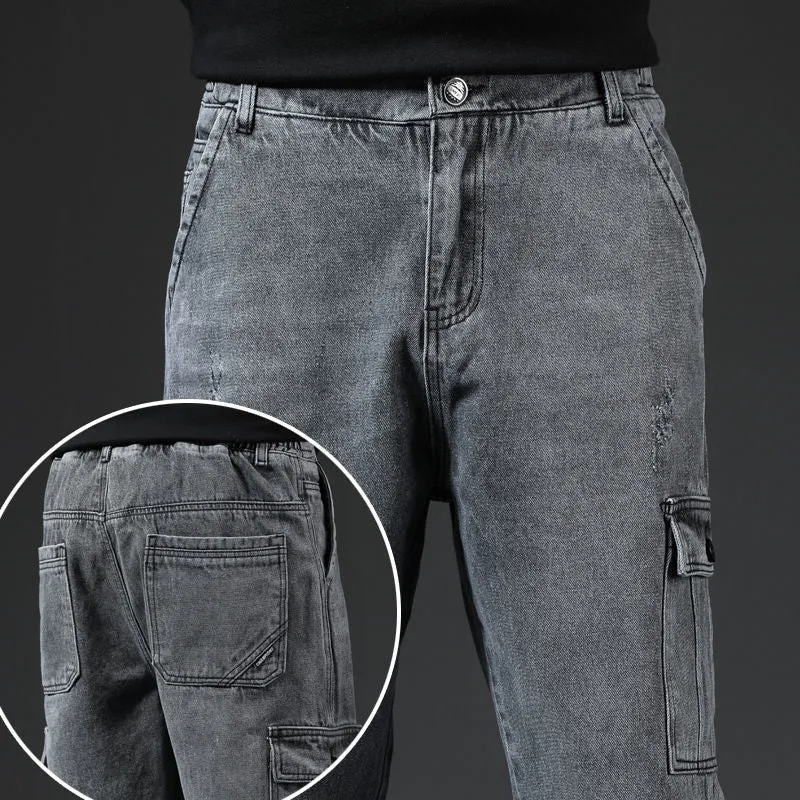 Japanese style workwear multi-pocket jeans in blue for men, mid-waist cotton trousers