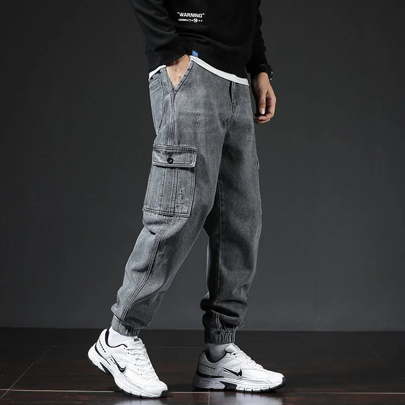 Japanese style workwear multi-pocket jeans in blue for men, mid-waist cotton trousers
