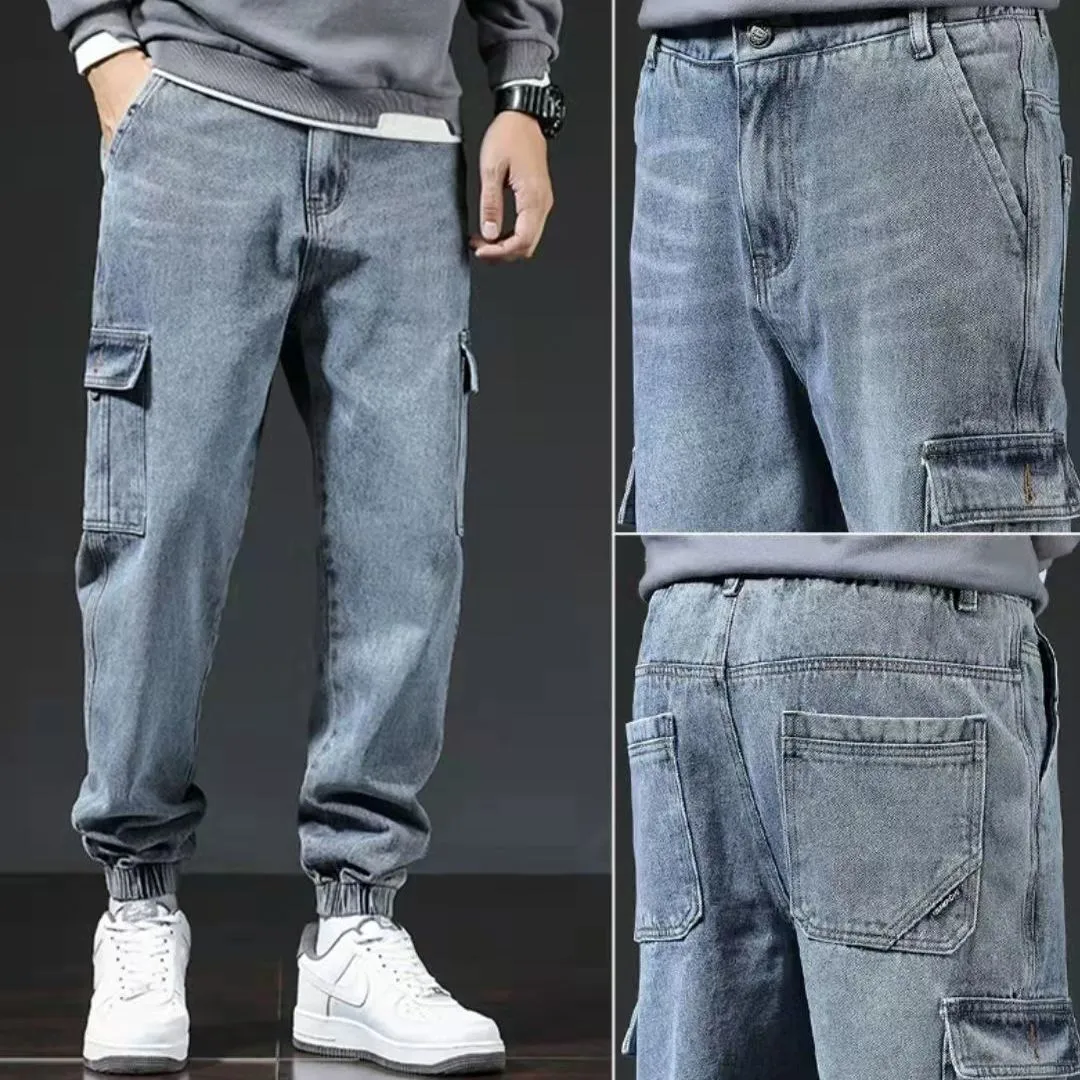 Japanese style workwear multi-pocket jeans in blue for men, mid-waist cotton trousers