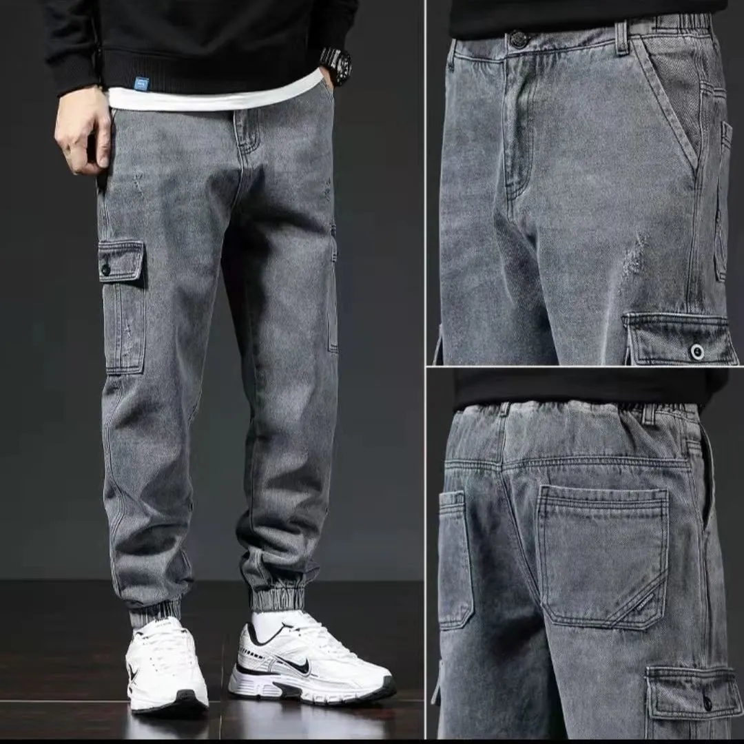 Japanese style workwear multi-pocket jeans in blue for men, mid-waist cotton trousers