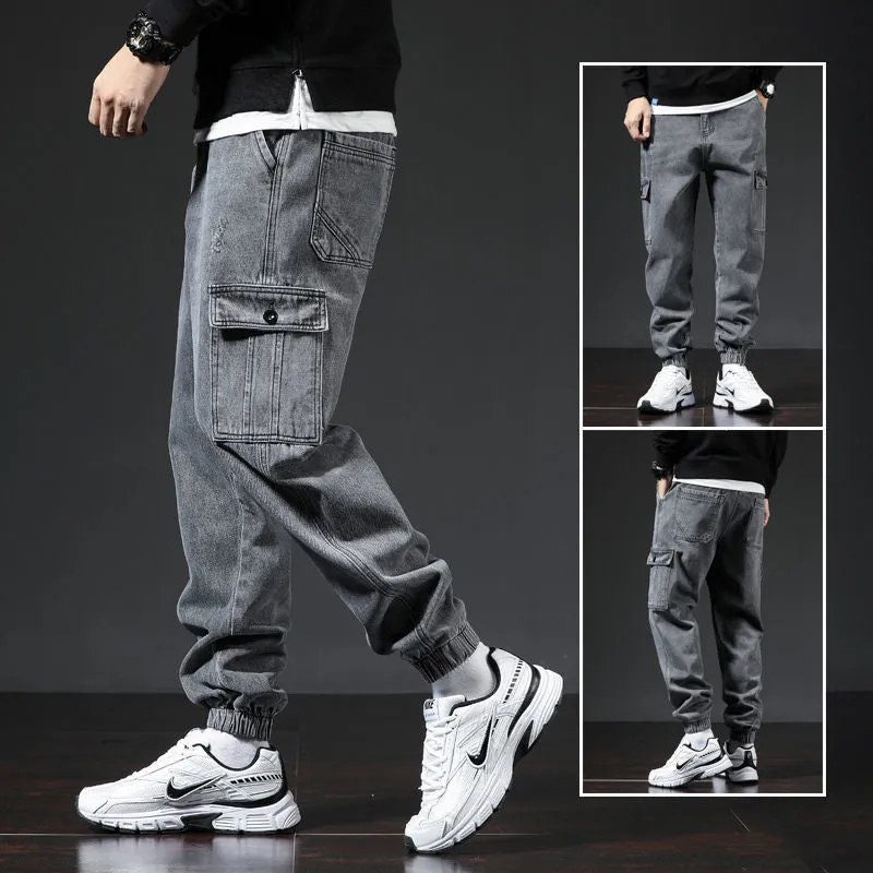 Japanese style workwear multi-pocket jeans in blue for men, mid-waist cotton trousers