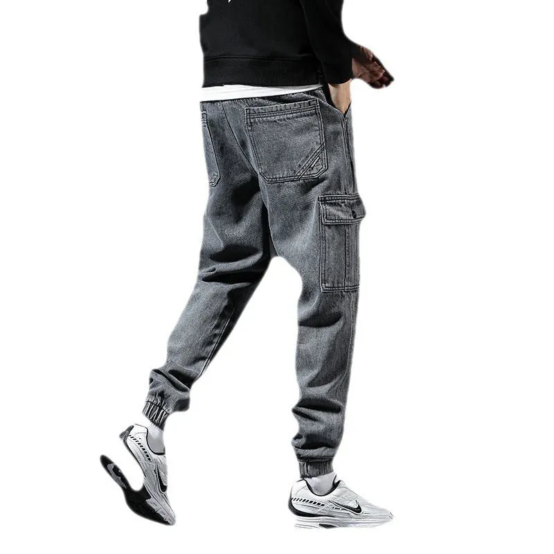 Japanese style workwear multi-pocket jeans in blue for men, mid-waist cotton trousers