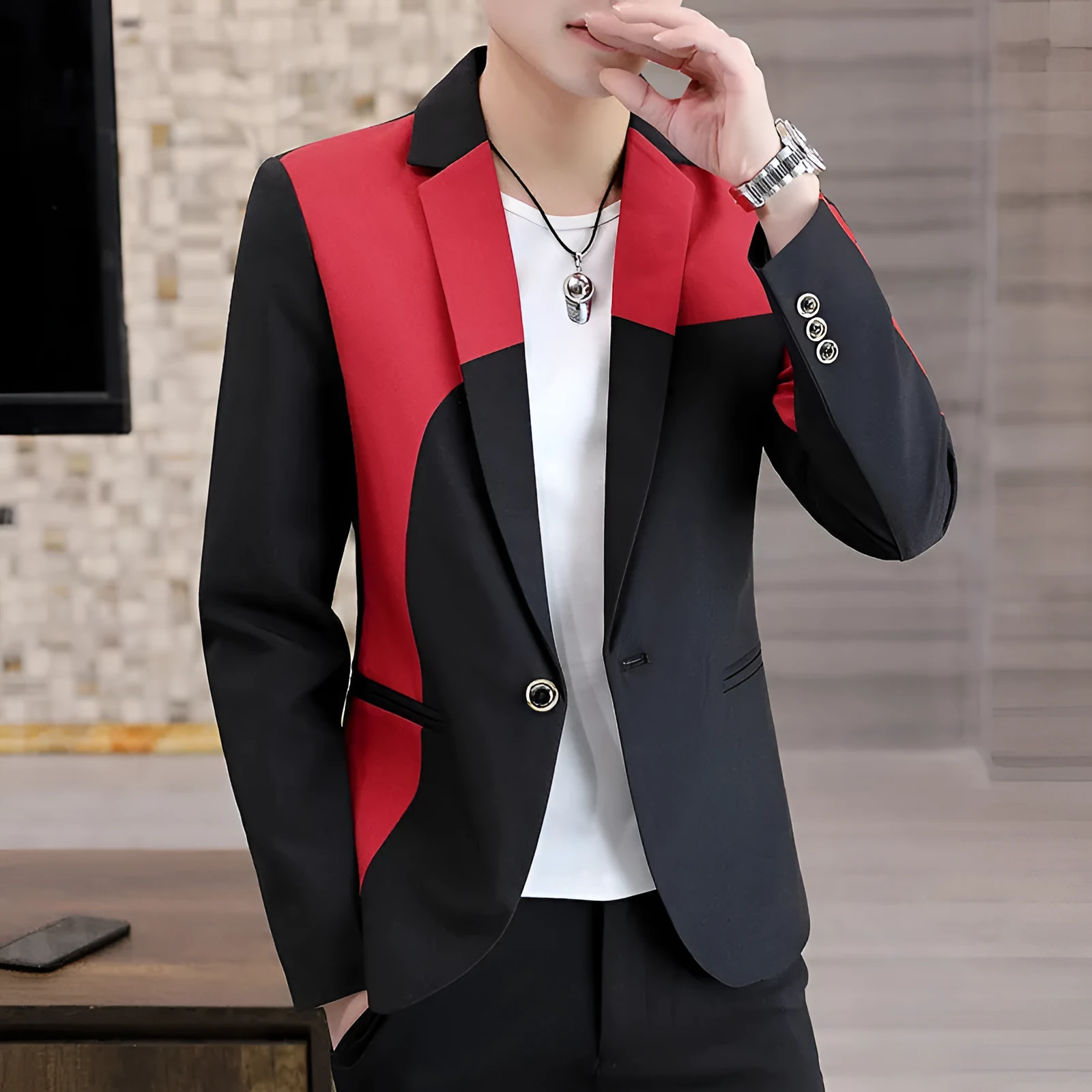 Black and red polyester single-breasted blazer for men, suit coat, full front view