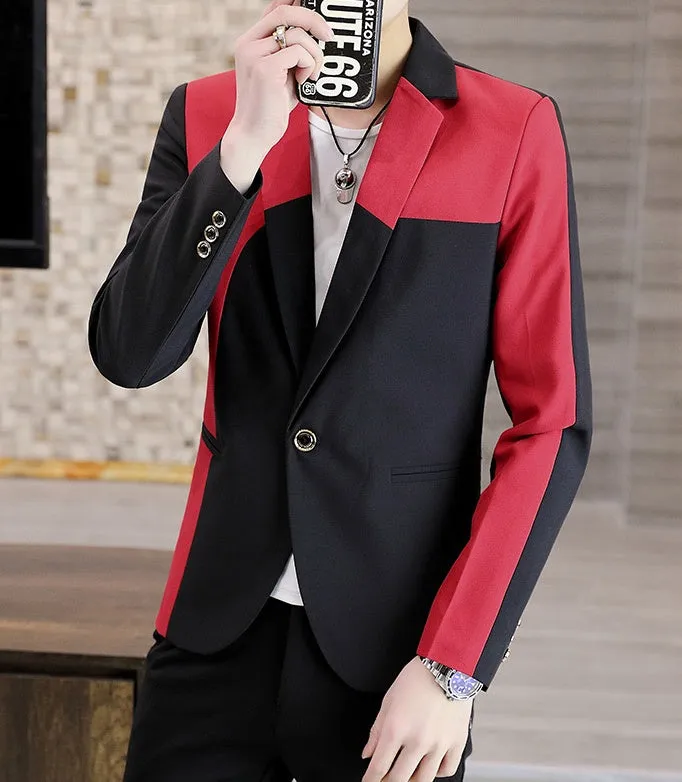 Black and red polyester single-breasted blazer for men, suit coat, full front view