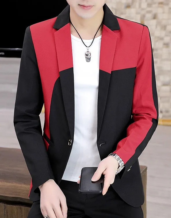 Black and red polyester single-breasted blazer for men, suit coat, full front view