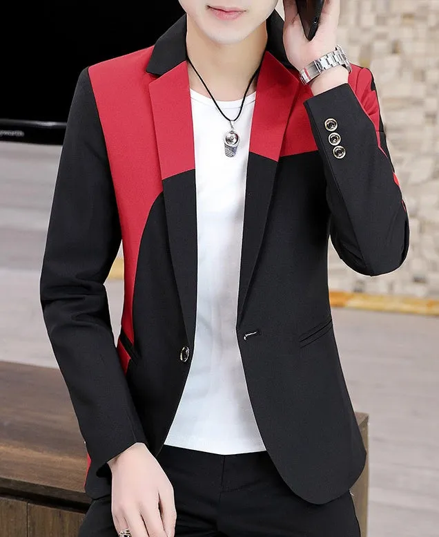 Black and red polyester single-breasted blazer for men, suit coat, full front view